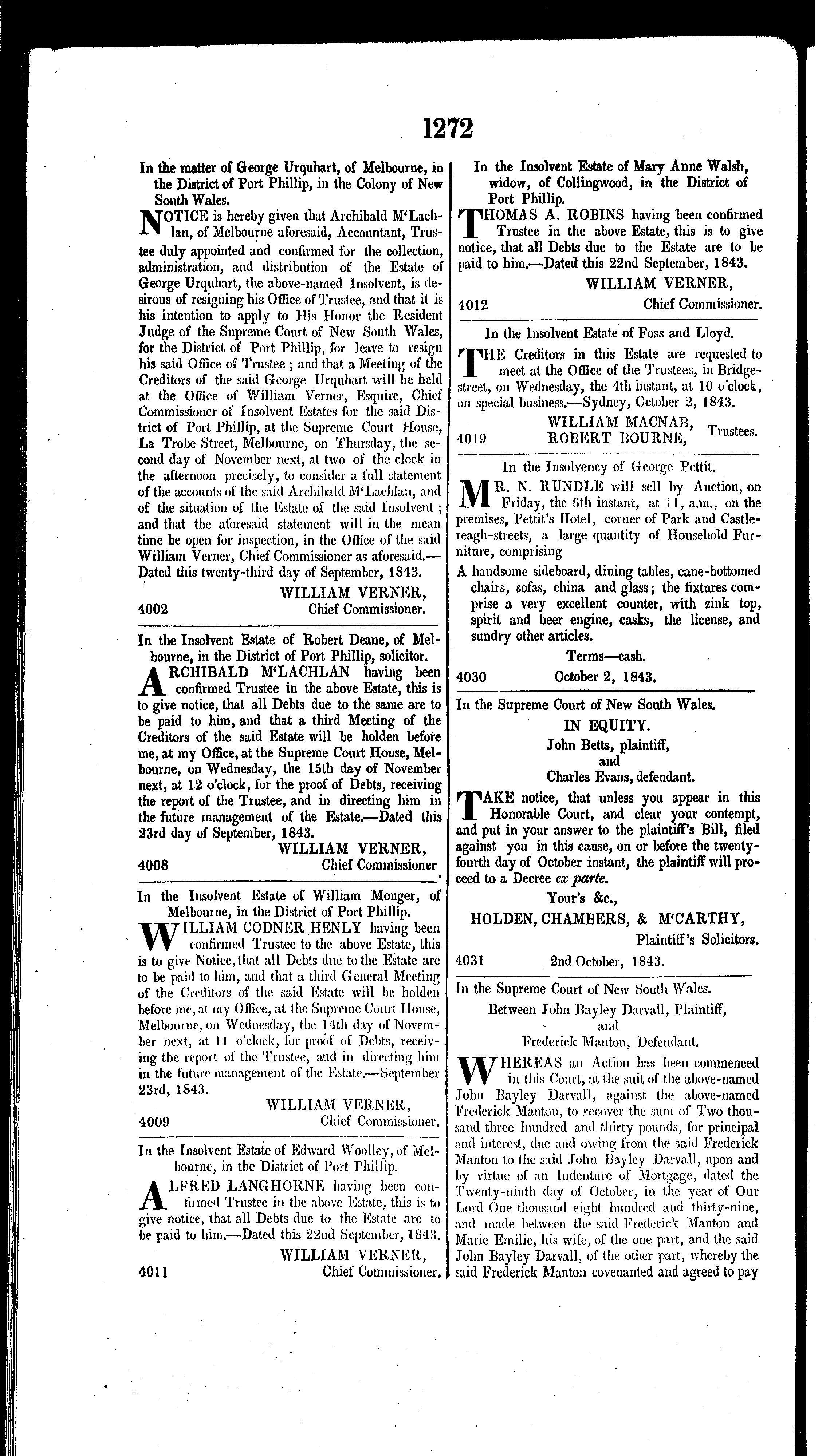 Victoria Government Gazette Online Archive 1843, p1272